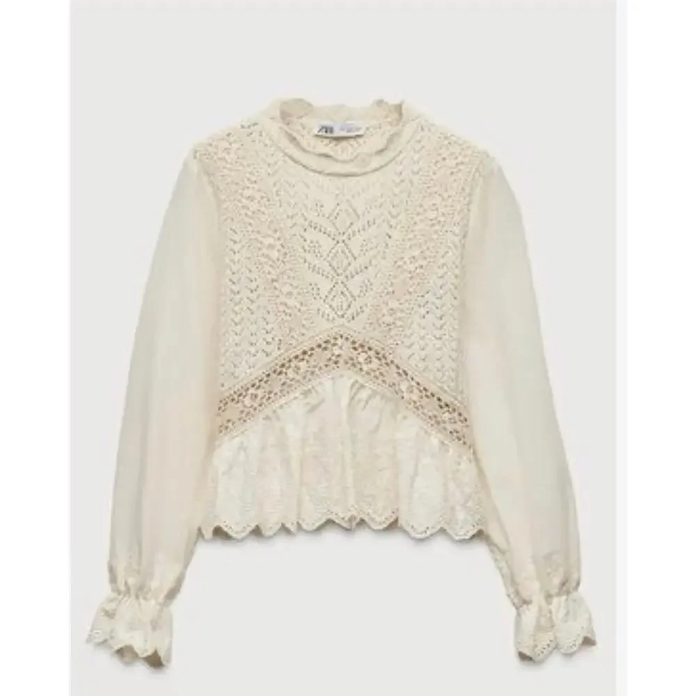 Zara Cream Knit Crochet Lace Scalloped Hem Long Sleeve Top-Size Small
